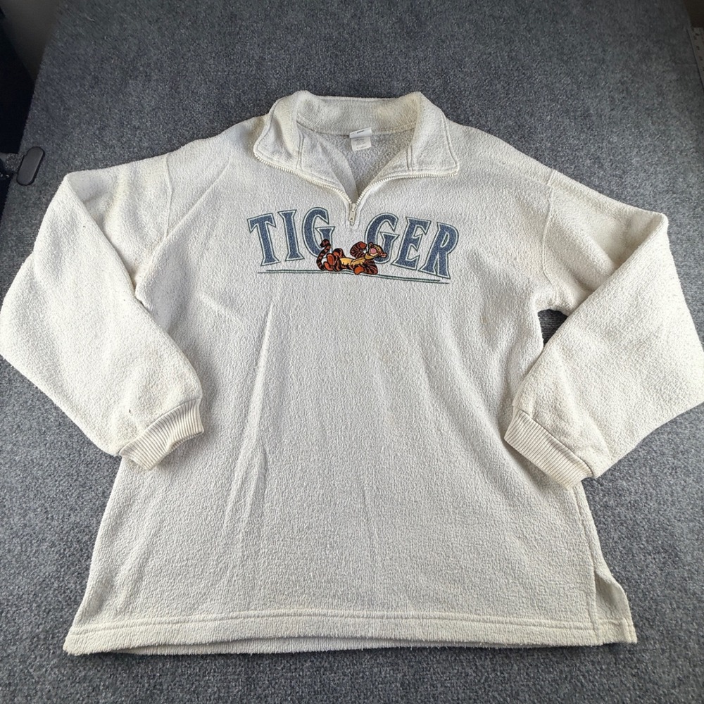 Vintage Disney Store Tigger Quarter Zip Fleece Pullover Cream XL 90s Winnie Pooh